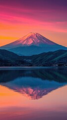 Sticker - A mountain is reflected in a lake at sunset, AI