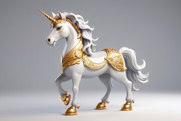 Wall Mural - Majestic unicorn with a sparkling mane and a golden horn, standing gracefully in 3D style on a white background. Made with generative AI technology