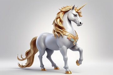 Wall Mural - Majestic unicorn with a sparkling mane and a golden horn, standing gracefully in 3D style on a white background. Made with generative AI technology