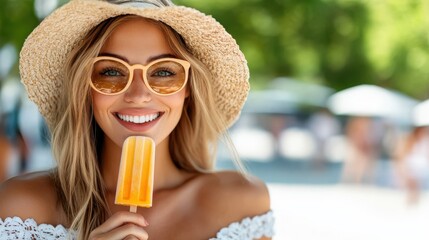 Wall Mural - A cheerful young woman enjoys a popsicle while smiling. She is wearing a straw hat and stylish sunglasses, suggesting a beach setting with a bright and sunny atmosphere.