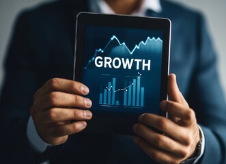 Poster - Businessman Holding a Tablet Displaying a Growth Chart