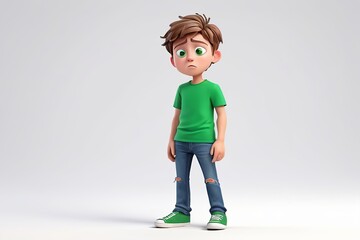 Wall Mural - Sad crying cartoon character young boy wearing a green t-shirt and jeans in 3D style design on a white background. Human people emotions expression concept. Made with generative AI technology