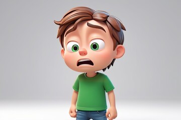 Wall Mural - Sad crying cartoon character young boy wearing a green t-shirt and jeans in 3D style design on a white background. Human people emotions expression concept. Made with generative AI technology