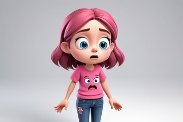 Wall Mural - Sad crying cartoon character young girl wearing a pink t-shirt and jeans in 3D style design on a white background. Human people emotions expression concept. Made with generative AI technology