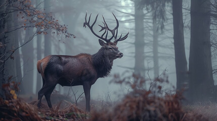 Red Deer in Forest: Red deer in a foggy morning forest.