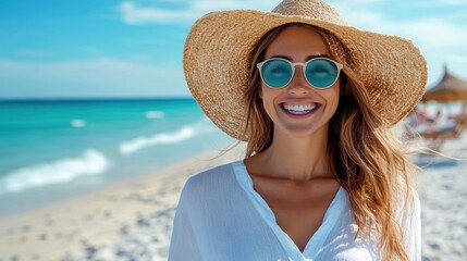 Wall Mural - A smiling woman wearing a sunhat and sunglasses enjoys a sunny day at the beach, capturing the essence of relaxation and vacation in a picturesque seaside setting.