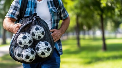 A man, dressed casually in a plaid shirt, is seen holding a net bag containing multiple soccer balls while walking through a lush, green public park area.