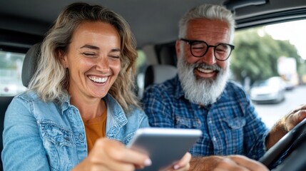 An elderly couple with grey hair laughs joyfully in a car. They are both holding a smartphone and enjoying a happy, light-hearted moment together.