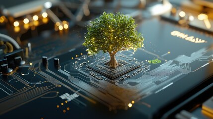 A thriving tree with detailed bark and foliage sprouts from the surface of a mainboard, set in a futuristic, sustainable landscape. The environment is characterized by advanced green technology,