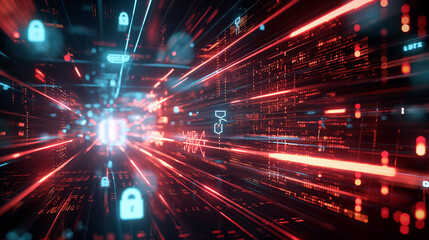 Fototapete - a secure digital data transfer with encrypted data streams flowing between devices. including lock i