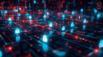 Fototapete - a secure digital data transfer with encrypted data streams flowing between devices. including lock i