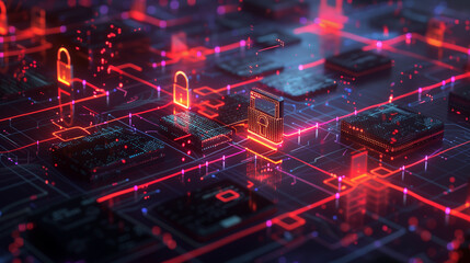 Poster - a secure digital data transfer with encrypted data streams flowing between devices. Including lock icons, shields, and glowing data paths to emphasize security, cybersecurity concept 