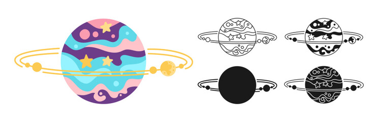 Wall Mural - Fantasy Planet doodle cartoon set for children. Abstract fantastic galaxy flat planet symbol. Fantastic cosmos sign, silhouette, icon linear design. Vector celestial space sphere for website app