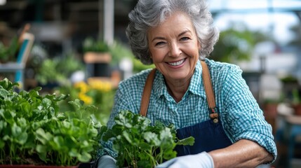 An elderly woman with white hair is enthusiastic about gardening, with fresh green plants, showing her delighted smile in an indoor gardening space filled with natural light.