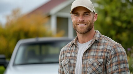 A young man with a short beard, wearing a plaid shirt and cap, stands near a white truck in a farmyard, symbolizing ruggedness and a hardworking lifestyle.