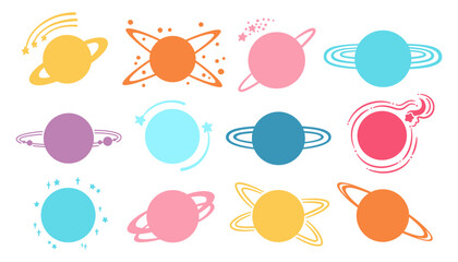 Wall Mural - Planets fantasy cartoon silhouette set. Abstract galaxy colorful shape planets. Fantastic cosmos, collection celestial space contour spheres shadow planets art. Vector design isolated illustration
