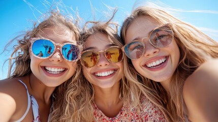 Three friends pose with wide smiles and sunglasses for a selfie under the bright beach sun, celebrating friendship and enjoyment during a sunny day at the beach.