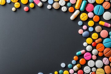 Wall Mural - Assorted pills bordering a dark background symbolizing the vast range of medical treatments