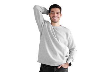 Poster - Handsome young man standing in oversized gray sweatshirt mockup with copy space for your design