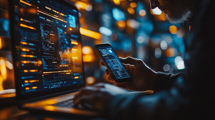Poster - User engaging with mobile phone and laptop for cybersecurity, showcasing data protection, privacy security, data encryption, and secure internet access with advanced software technology