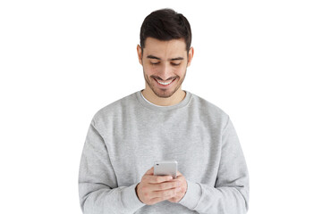 Sticker - Young handsome guy standing, looking at screen of phone with smile