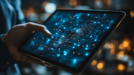 Poster - AI and blockchain technology on a digital tablet held by a businessman, featuring data encryption, cloud computing, and database management in an advanced technology environment