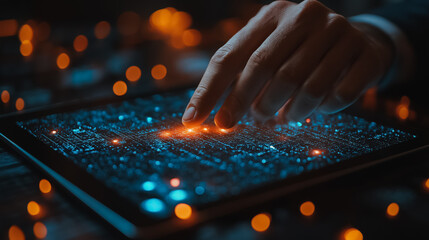 Poster - AI and blockchain technology on a digital tablet held by a businessman, featuring data encryption, cloud computing, and database management in an advanced technology environment