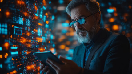 Poster - Innovative technology background with a businessman using a digital tablet to explore blockchain technology, data encryption, AI, and cloud computing for effective database management