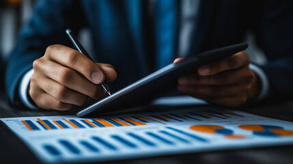 Poster - Businessman using a tablet to analyze sales data and financial reports, featuring a business growth graph chart, digital marketing planning, and strategy for finance and investment