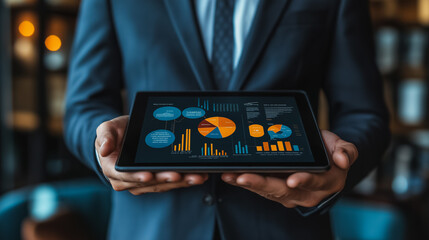 Wall Mural - Sales data and financial report analysis by a businessman on a tablet, highlighting business growth graph charts, digital marketing strategy, and investment concepts