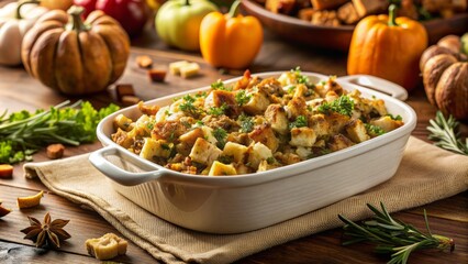 A golden-brown, savory stuffing fills a white ceramic dish, garnished with fresh herbs and nestled among a warm, inviting Thanksgiving dinner spread.