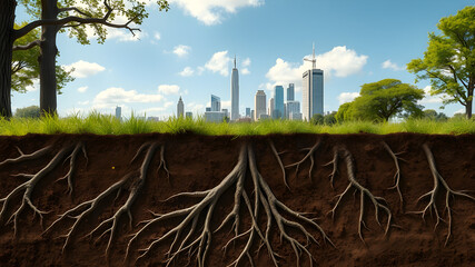 front view cut of soil with grass and city on top and from tree roots under ground front view. gener