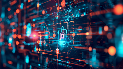 Poster - a multi-layered cybersecurity defense system with firewalls, intrusion detection systems, and secure access points, futuristic data protection system cyber technology 