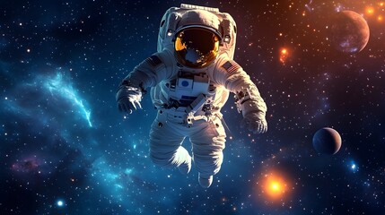 Poster - Whimsical Astronaut Floating Amidst Cosmic Splendor of Stars and Planets