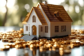 stylized 3d render of house model surrounded by golden coins soft ambient occlusion clean white background subtle reflections real estate investment concept