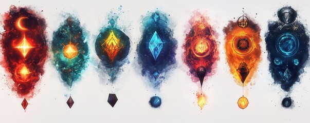 Mystical alchemy symbols, fantasy element, detailed illustration, dark and vibrant colors, isolated on white background