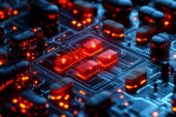 Poster - Illuminated Electronic Circuit Board with Glowing Red Elements Symbolizing Energy and Power in Technology