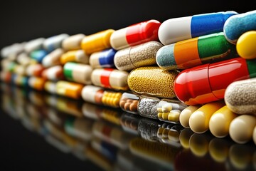 Poster - Assorted Colorful Pills and Capsules on a Circuit Board Representing the Intersection of Technology and Healthcare