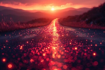 Glistening red road to the horizon under sunset sky