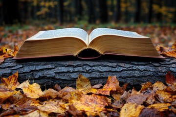 Wall Mural - Open Book Resting on a Tree Trunk in Autumn Leaves