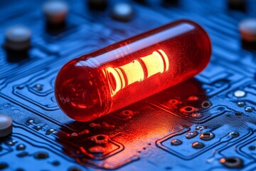 Poster - Red capsule on a blue circuit board showcasing the convergence of pharmaceuticals and technology in modern healthcare solutions