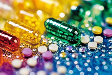 Poster - Multicolored pills and capsules scattered among festive lights depicting the celebration of advances in pharmaceutical treatments