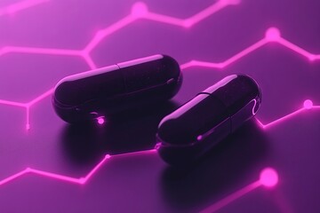 Wall Mural - Neon purple lighting on black capsules visualizing the mysterious and cutting edge aspects of modern medical research