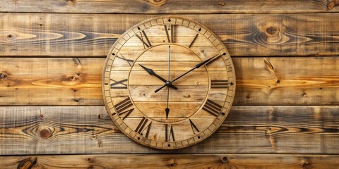 A rustic, distressed wooden wall clock with Roman numerals and a vintage aesthetic, hanging on a natural wood plank background with subtle texture.