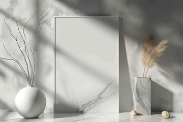 Wall Mural - Minimalistic 3D render of a blank poster frame on a grey wall with marble decor and a vase, featuring natural light and boho style for product presentation.