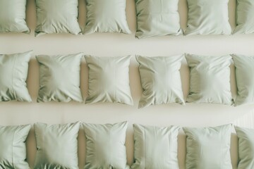 Poster - Pastel Green Pillows on Soft Beige Background Simple, Clean, and Calm Composition Evoking Cozy Daytime Serenity