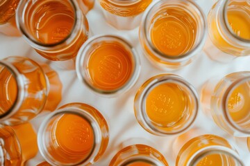 Poster - Bright Aerial View of Vibrant Orange Drinks Creating Symmetrical Geometric Pattern with Intricate Textured Background
