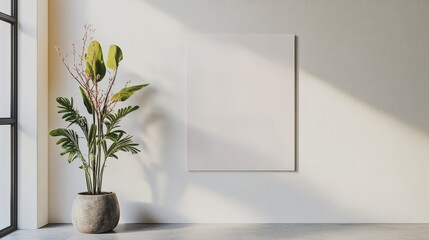 Aufkleber - Indoor Poster Mockup with Blank Light Gray Wall, Soft Shadows, and Potted Plant in Serene Daylight Setting