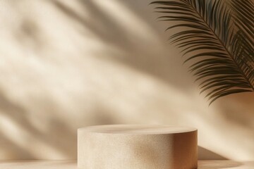 Poster - Minimalist Warm Beige Monochromatic Podium Display in Diffused Natural Daylight Setting with Smooth Shadows, Ideal for Product Showcasing