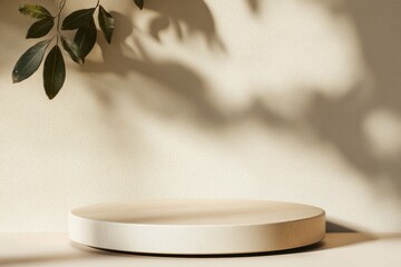 Poster - Monochromatic Minimalist Mockup with Warm Beige Circular Podium and Natural Daylight Shadows in Modern Clean Setting